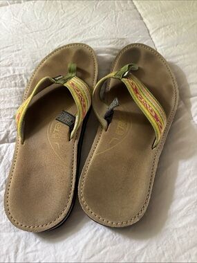 Teva Tan Suede Footbed Flip Flops with Lime & Pink Patterned Straps